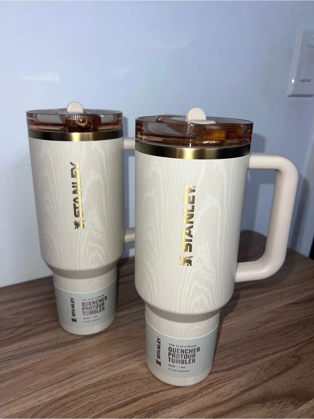 Stanley Cream Woodgrain Quencher Tumbler with Gold Accents